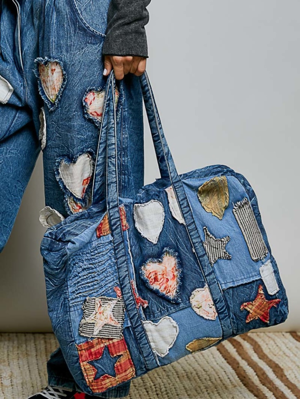 POL Heart Star Patch work Stripes Plaid Denim Zip up Large Denim Tote Bag